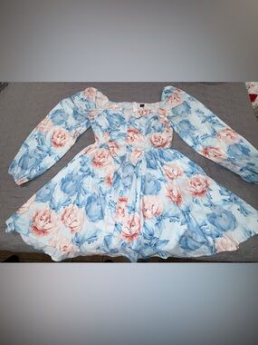 Floral Puff-Sleeve Dress in Light Blue and Pink -